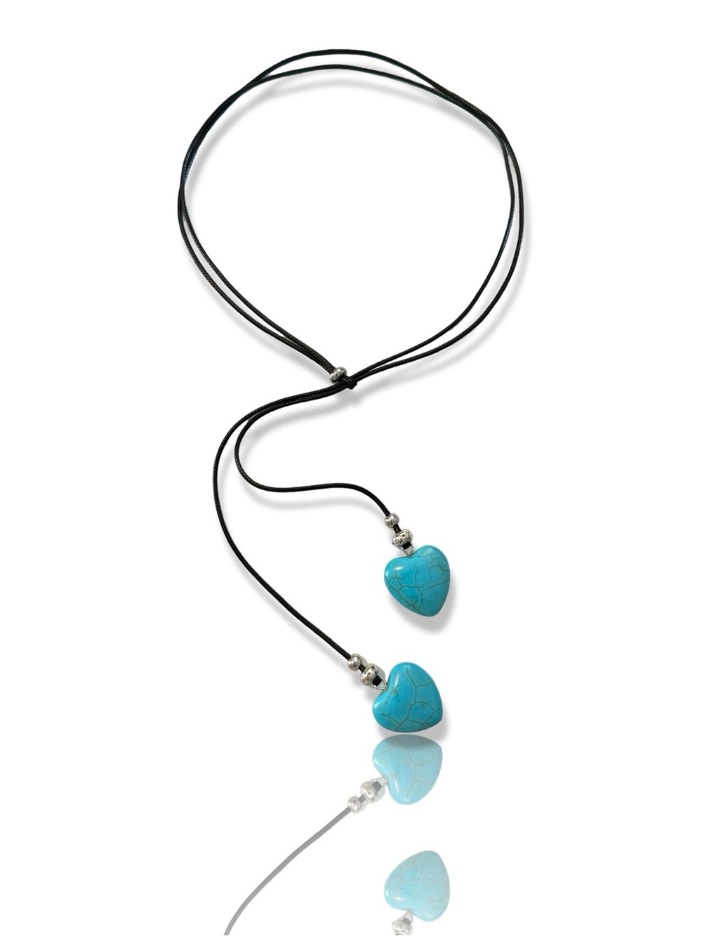 Adjustable Black Cord Necklace with Turquoise Heart Pendants